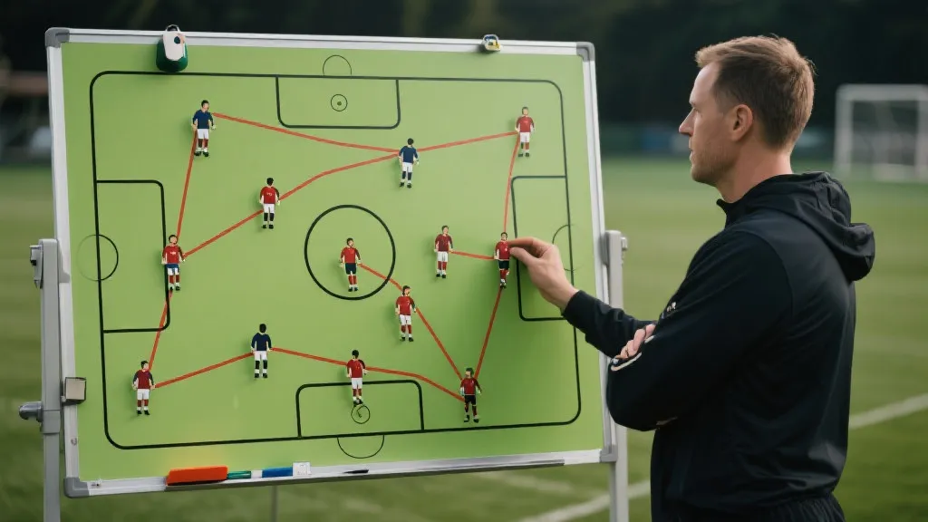 战术板与球员跑位线条的示意，突出阵型变化与换人调整