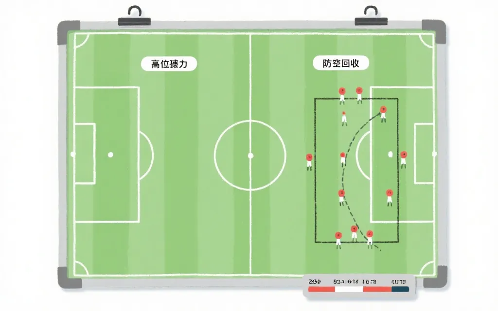 战术板示意：高位压迫与防守回收的两种结构对比